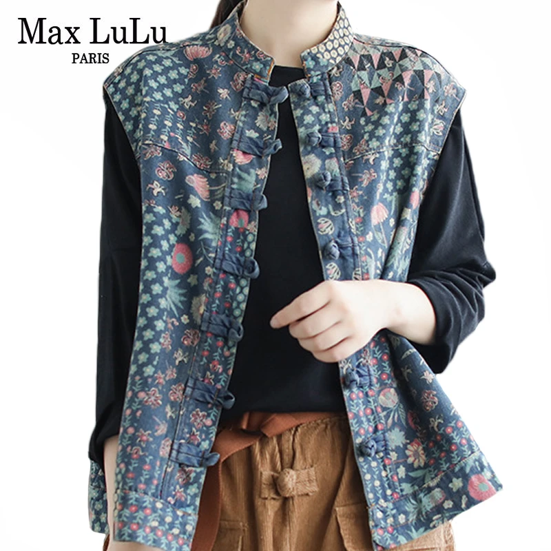 Max LuLu Осень Корейская мода уличная Женская одежда в стиле панк женские цветочные жилеты без рукавов повседневное пальто с принтом джинсовый жилет