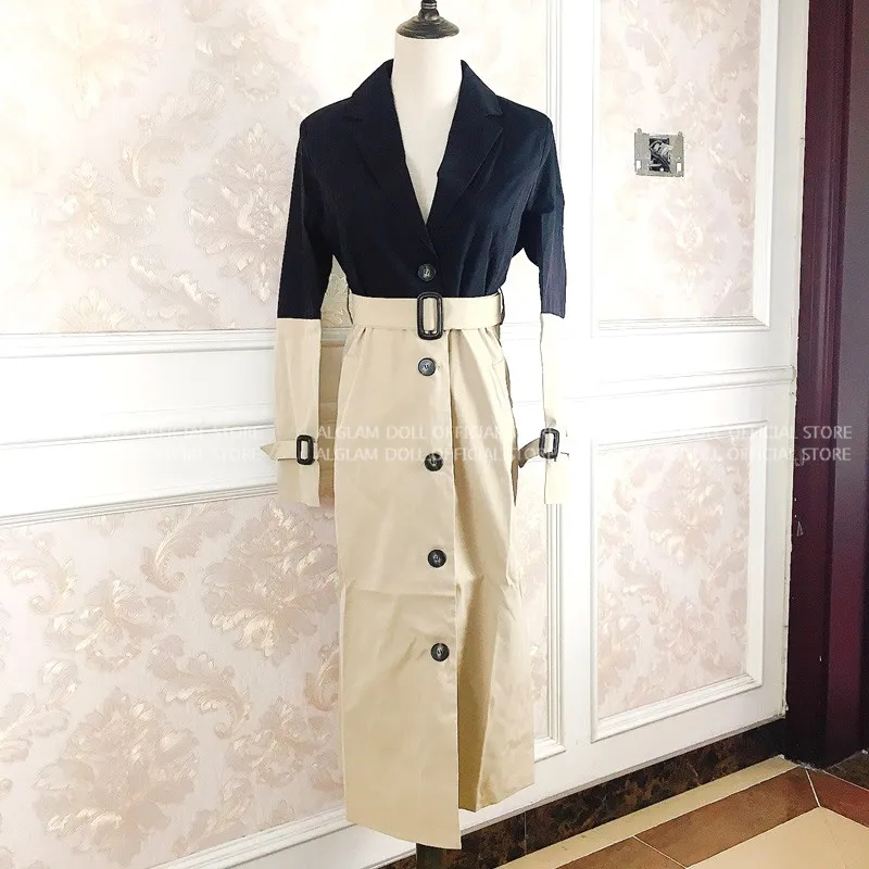 Женский однобортный Тренч с поясом повседневный длинный плащ в стиле пэчворк