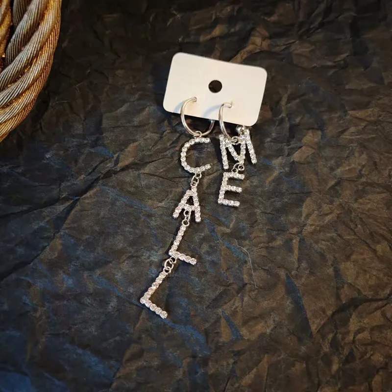 

New fashion Earrings With Diamond Letters, Temperament, Asymmetric personality, Long Tassel Earrings, Trendy Silver Needle