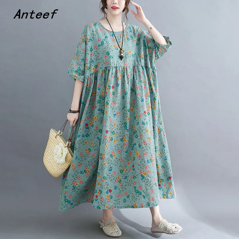 Женское винтажное платье из хлопка с коротким рукавом и цветочным принтом