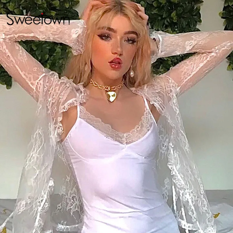 Sweetown 2000s Kawaii New Lace Cardigan Tops Women See Through Sexy Mesh T-Shirt Tie V Neck Long Sleeve Cute Aesthetic Tee White