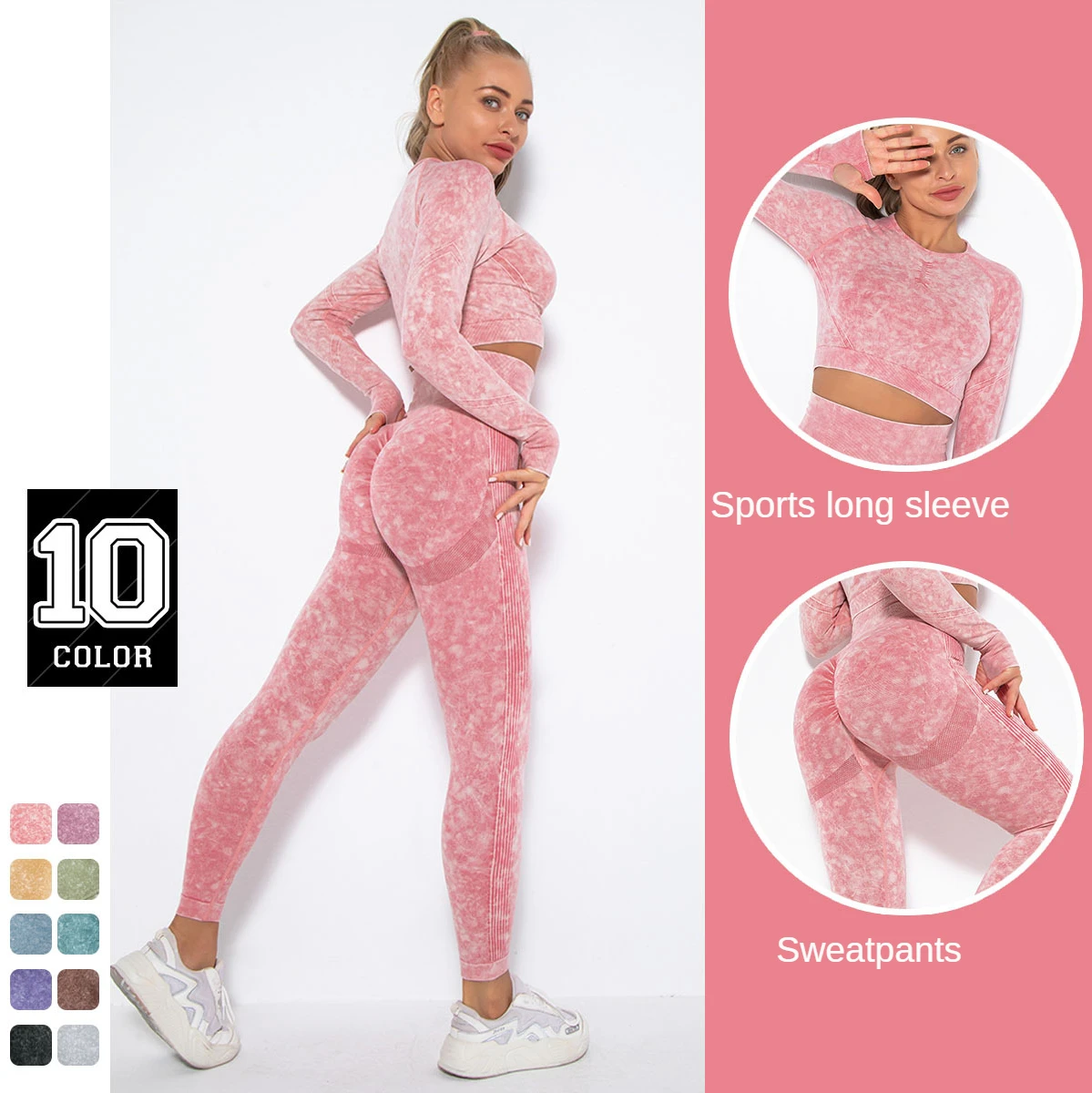 

New Washed Tie-dye Seamless Suit Sports Set Woman 2 Pieces Long-sleeved Top T-shirt Sexy Yoga Pants Gym Workout Set Sportswear