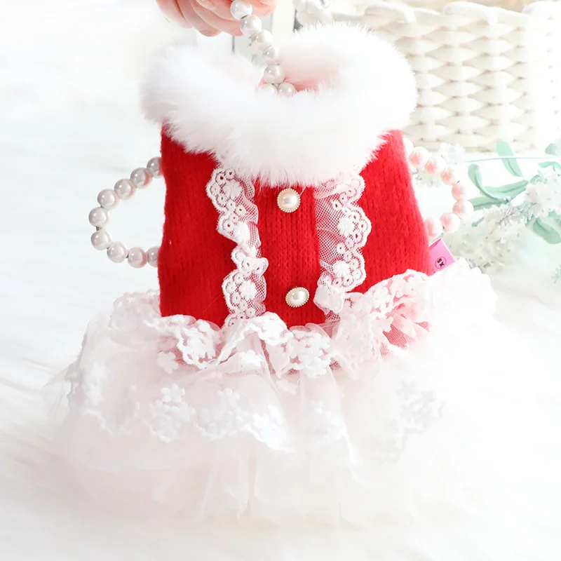 

Lace Dress Pet Dog Clothes Fur Collar Clothing Dogs Princess Small Costume Cute Soft Chihuahua Autumn Winter Red Girls Cachorro