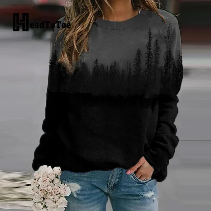 

Chic Landscape Printed Loose Casual Sweatshirts Women Autumn Long Sleeve Round Neck Hoodie Tops