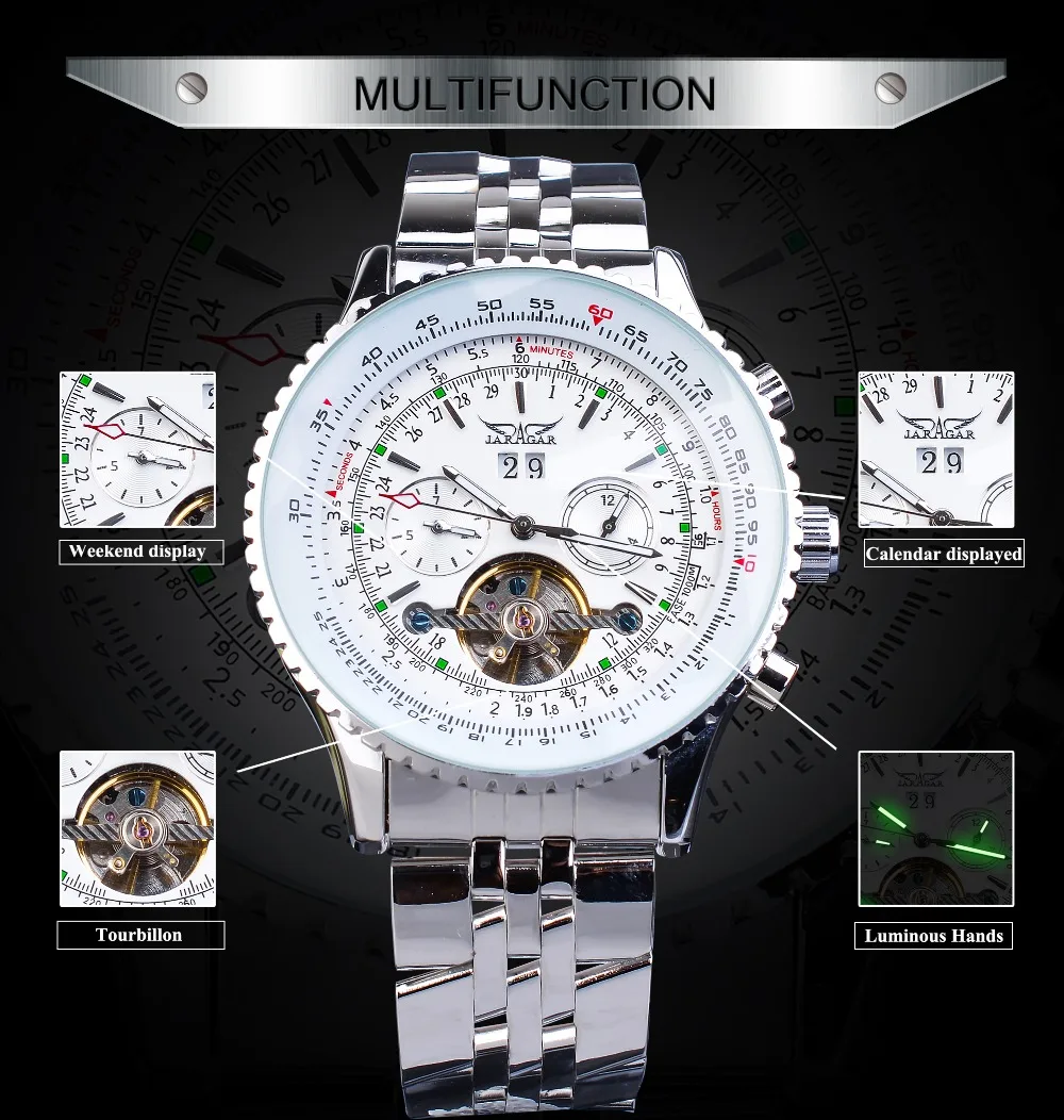 Jaragar Модные мужские механические часы Tourbillon Автоматический белый дисплей даты из нержавеющей стали ремешок Военные Спортивные часы Relojes