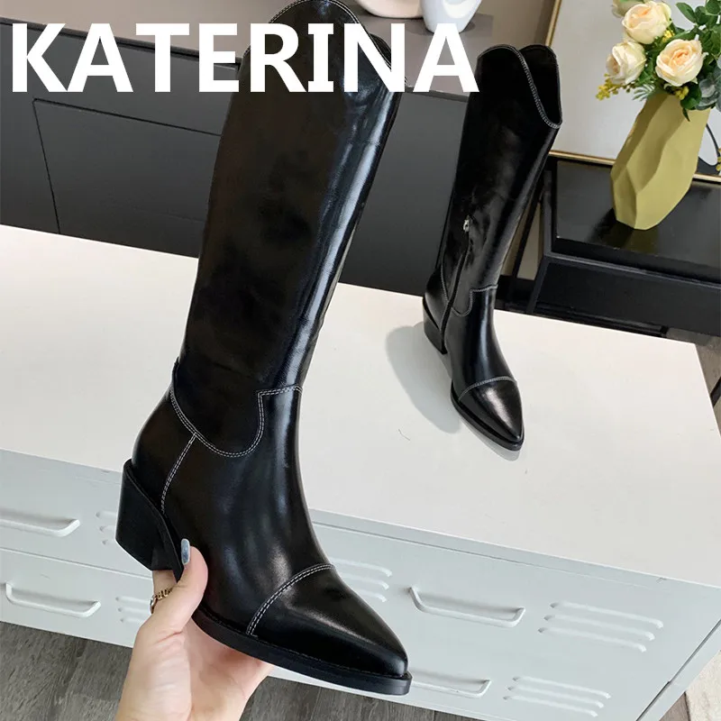 

Новые женские брендовые ковбойские сапоги, женская обувь с острым носком, кожаные Прошитые сапоги с тиснением, сапоги до колена, обувь на ма...