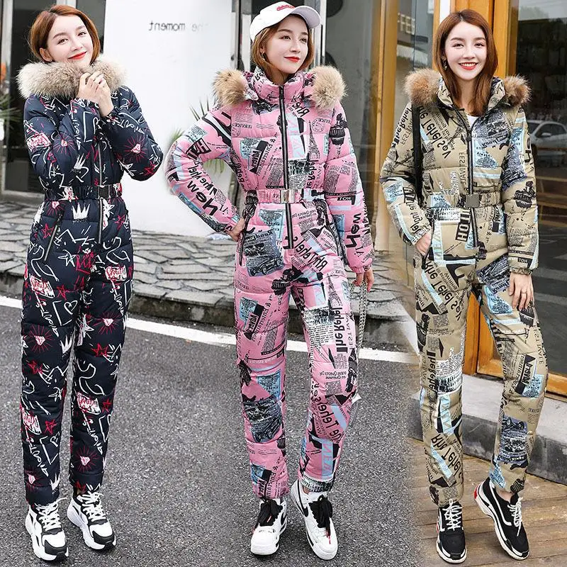 Lugentolo Winter Jumpsuits Woman Outdoor Print Ski Suit Streetwear Fashion Straight Slim Fit Korean One Piece Jumpsuit