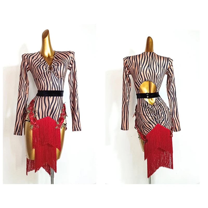 

New Long-Sleeved Latin Dance Dress Striped Rumba Dress Women'S Dance Performance Costumes Latin Dance Practice Dress DN10586