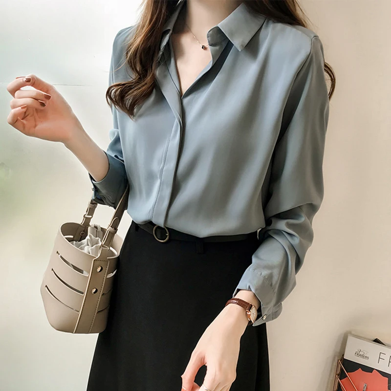 2021 Sexy Elegant Office Lady Simple Shirt Blouse Chiffon Solid Basic Blouse Women Blusas Mujer Moda Shirt Female Vintage Top