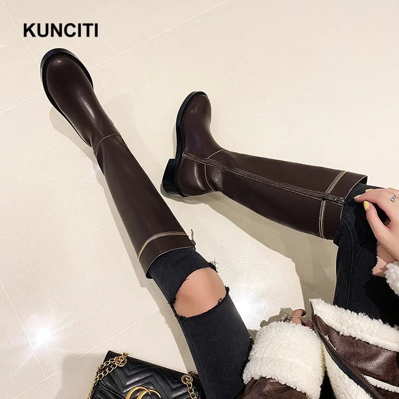 KUNCITI/; женские зимние сапоги до колена; сапоги на квадратном каблуке; ботинки в байкерском стиле; женская обувь на молнии; высококачественные высокие сапоги; B912