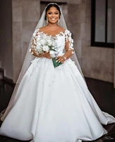 2022 bridal wedding gowns satin long sleeves illusion beaded lace appliqued 3d floral bride dresses vestidos robe de mariee
