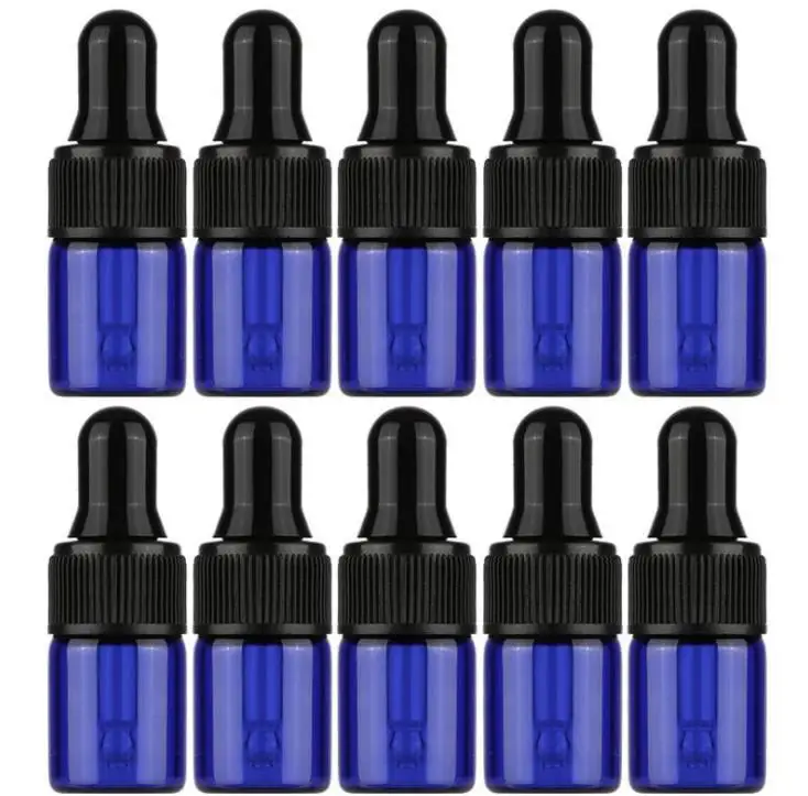 

500pcs Mini Blue Glass Dropper Bottles With Black Cap Essential Oil Perfume e liquid Sample Bottle 2ml 3ml Refillable Vials SN
