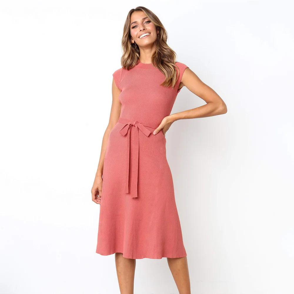Зеленое элегантное Бандажное платье с бантом, без рукавов, с запахом, миди, Vestidos, черные, розовые, вязаные, вечерние, для женщин, платье с круглым вырезом, ТРАПЕЦИЕВИДНОЕ, винтажная одежда