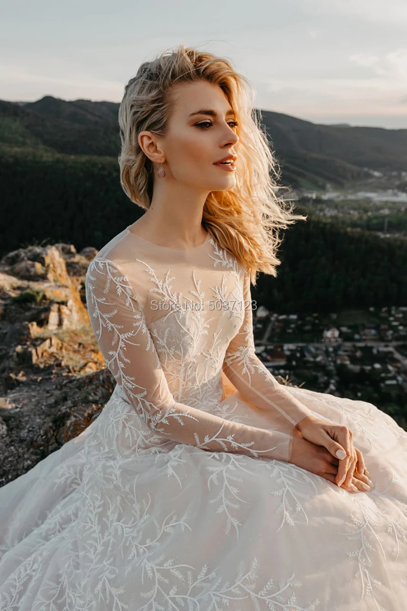 Тюлевое свадебное платье с длинными рукавами Vestido De Noiva, платье на пуговицах, тюль с кружевами аппликацией, свадебные платья