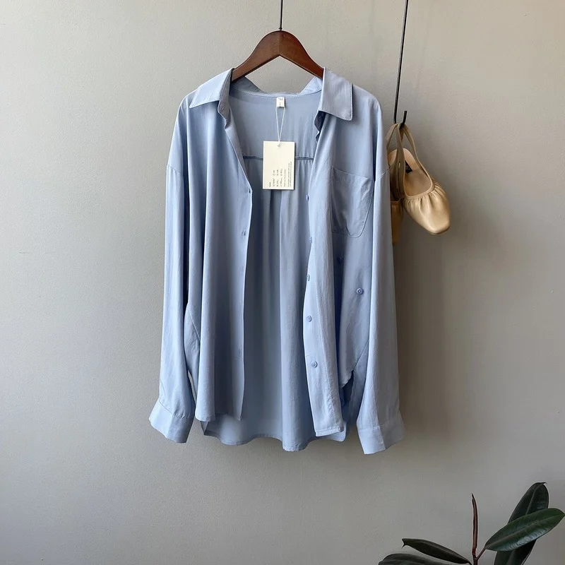 

2021 Summer Long Sleeve Thin Blouse Women Simple Solid All Match Loose Oversized Shirts for Women Casual Temperament Blusas