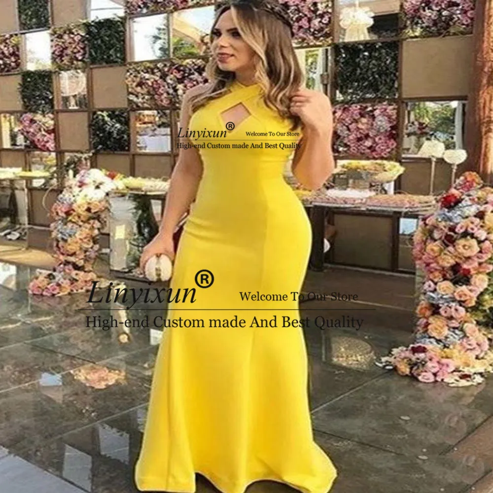 

Yellow Evening Dress For Women Halter Elastic Satin Prom Dresses New Style Sleeveless Backless robe de soirée de mariage