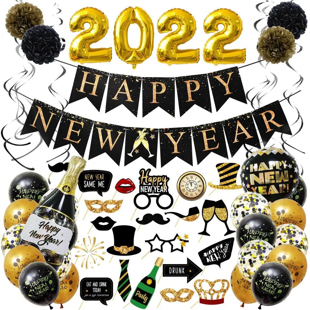 

2022, набор с Новым годом, новогодние воздушные шары, украшения, включая золотые блестящие новогодние флаги 2022, золотые зерна