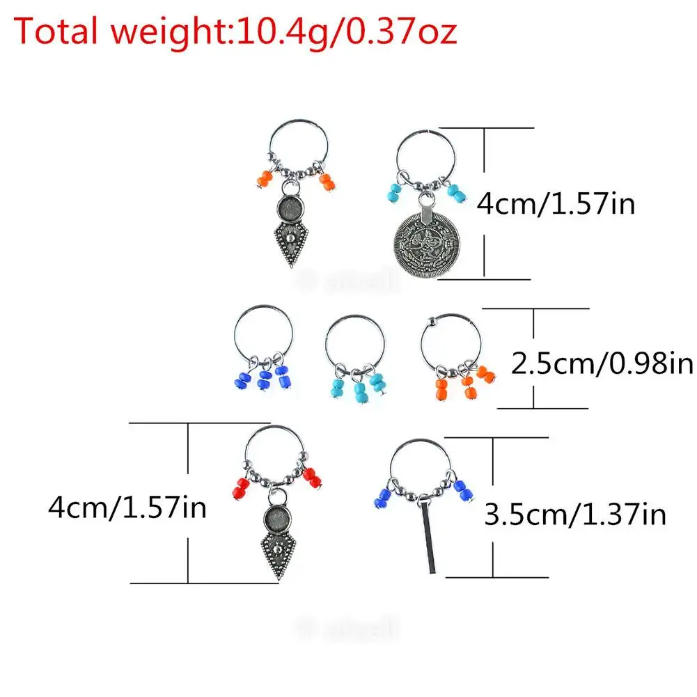

7/8 Pcs/set Retro Coin Colorful Beads Pendant Charms Rings Set Hair Clip Headband Accessories for Pierced Braid #251265
