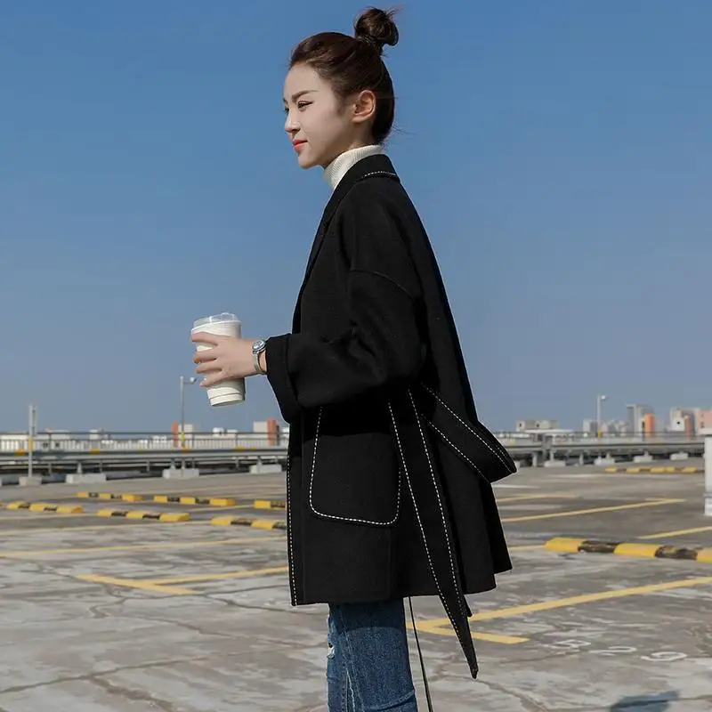 

Basic Leisure Turn-down Collar Open Front Real Wool Coat With Sashes Autumn Winter New Womens Fashion Solid Loose Outerwear