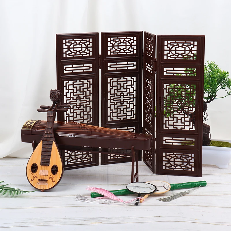 

Antique doll accessories Chinese style ornaments Miniature Guzheng screen Fan Pipa Model Xiao guzheng ukulele Zudi Instrument