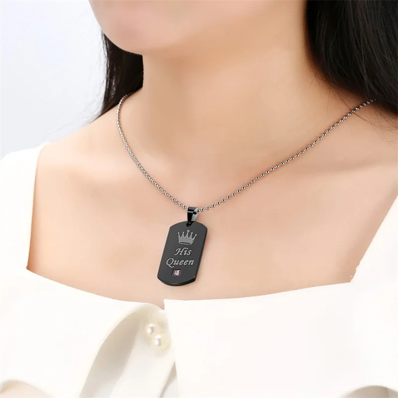 

LOOKER Her King & His Queen Couple Necklaces with Box Black Stainless Steel Tag Dog Pendant Necklace with Stone for Gift