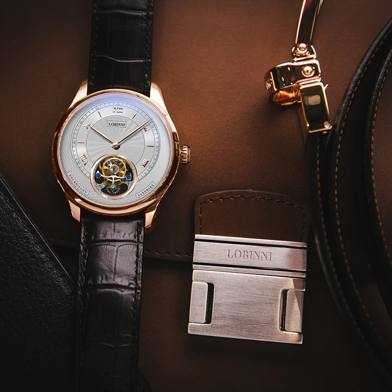 Роскошные мужские часы tourbillion автоматические наручные LOBINNI водонепроницаемые