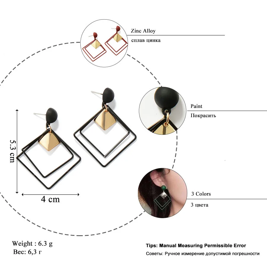 RAVINOUR Brincos Femme Bijoux, большие двойные квадратные висячие серьги, женские модные ювелирные изделия в стиле панк, золотая металлическая длинная серьга