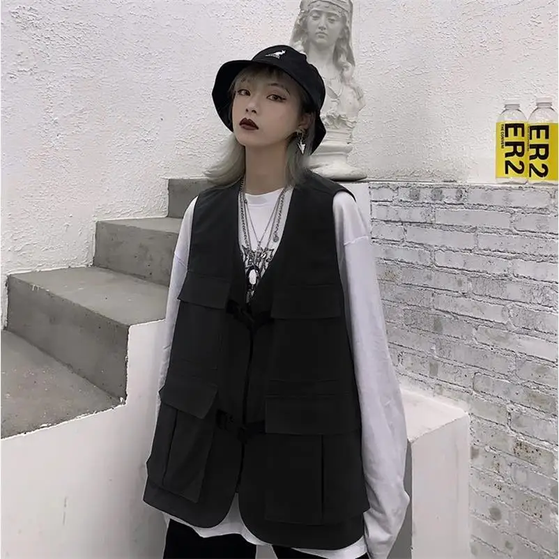 

Жилет женский в стиле ретро, свободный ретро-жилет без рукавов, в стиле Харадзюку, для студенток, темно-черный цвет, на лето и осень