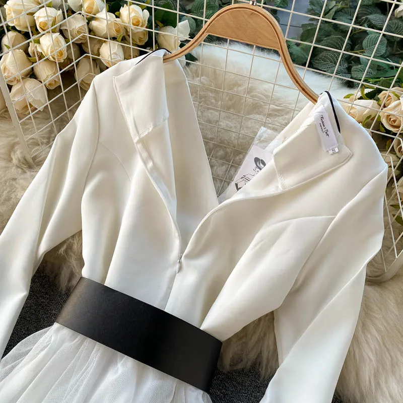 

Women Long Sleeve Spring Autumn Dress 2021Notched Collar Fashion Party Dress Mesh Patchwork Irregular White Ladies Office Dress