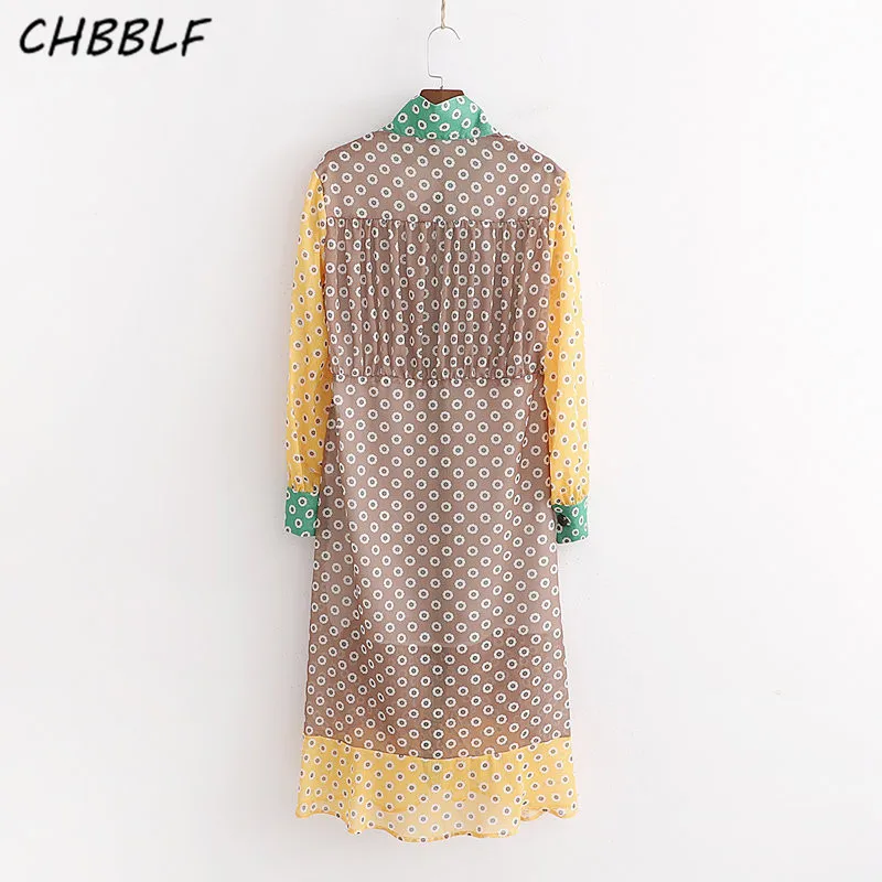 CHBBLF women color patchwork shirt dress long sleeve stand collor female casual chic midi dresses vestidos POP2378 | Женская одежда