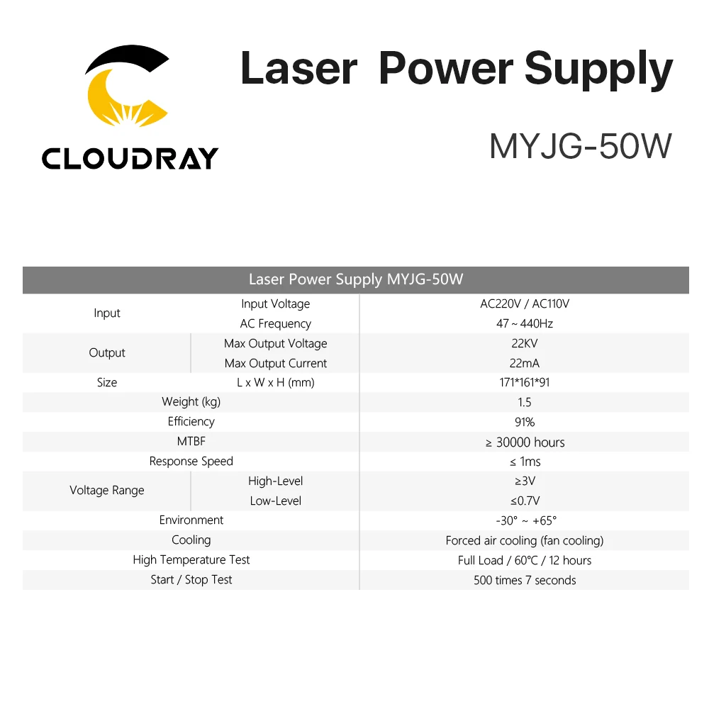 Cloudray 50 Вт CO2 лазерный источник питания для лазерной гравировки резки MYJG 50W