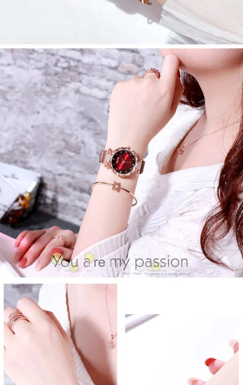 Women Watches Luxury Rose Gold Ladies Wrist Watches Starry Sky Magnetic Watch Mesh Strap Waterproof Clock relogio feminino xfcs
