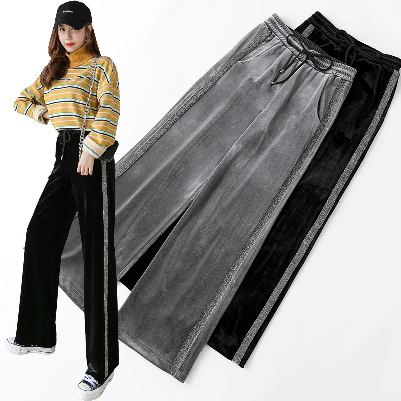 2020 зимние женские бархатные широкие брюки ретро штаны с высокой талией размера