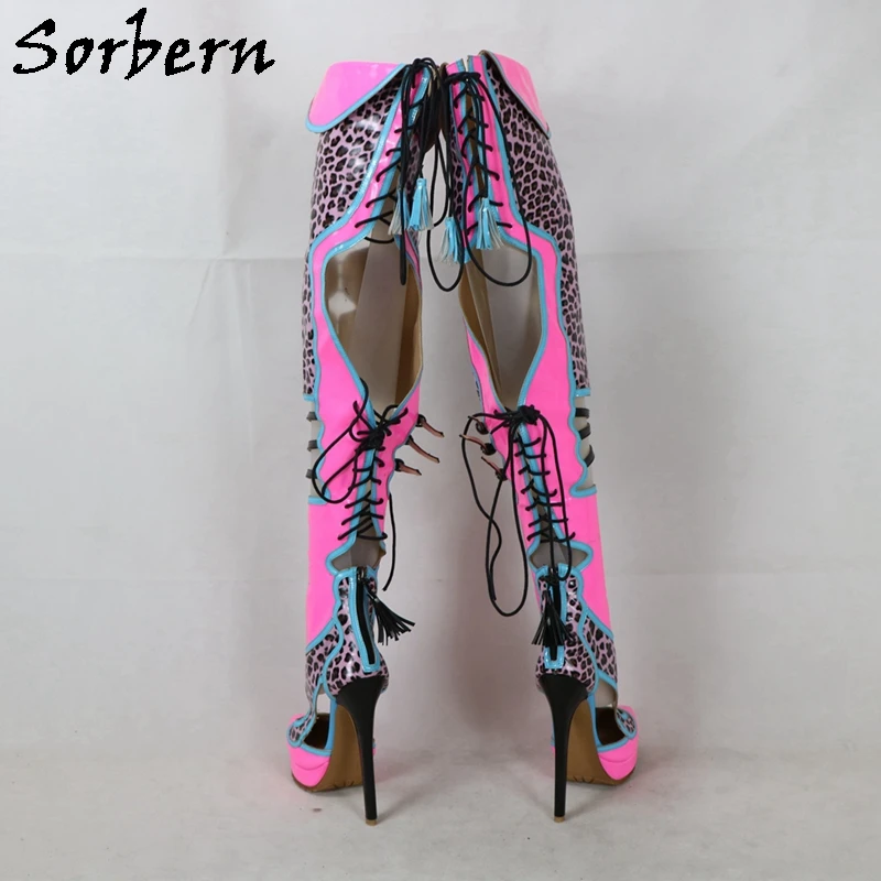 Sorbern Customized Mid Thigh Boots Women Pointed Toe Platform  High Heel Stilettos Leopard Shiny Hot Pink Fetish Shoes Lace Up
