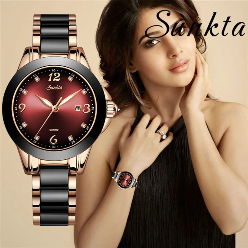 SUNKTA, модные женские часы, розовое золото, женские часы-браслет, Reloj Mujer, новинка, креативные водонепроницаемые кварцевые керамические часы