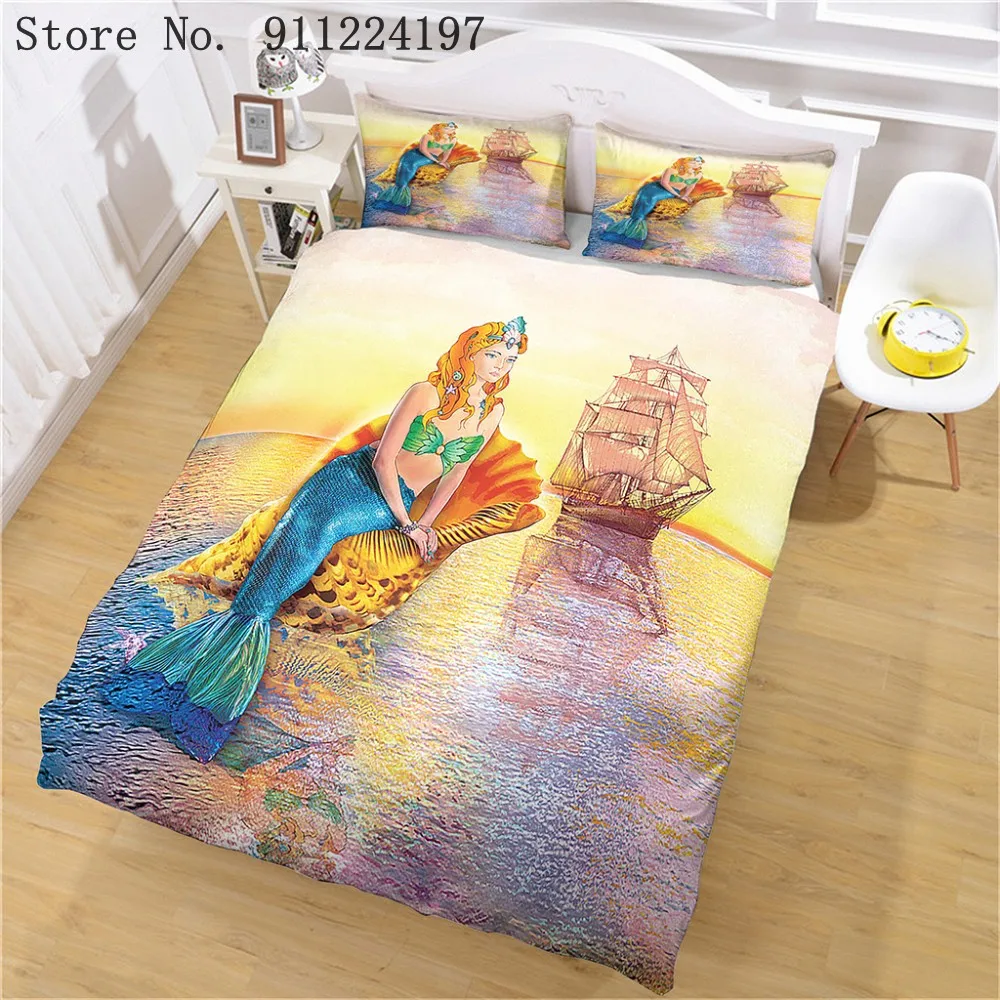 

3D Sea Mermaid Printing Bedding Set Goldfish Ship Duvet Cover 3pcs Quilt Cover High Quality Bedclothes Microfiber Bed Linen Set