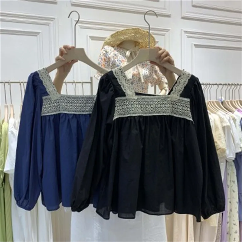 

2020 New Arrivals Early Autumn Korean Chic Blouse Shirt French Square Collar Lace Long -sleeved Blusas Cotton Tops Fashion