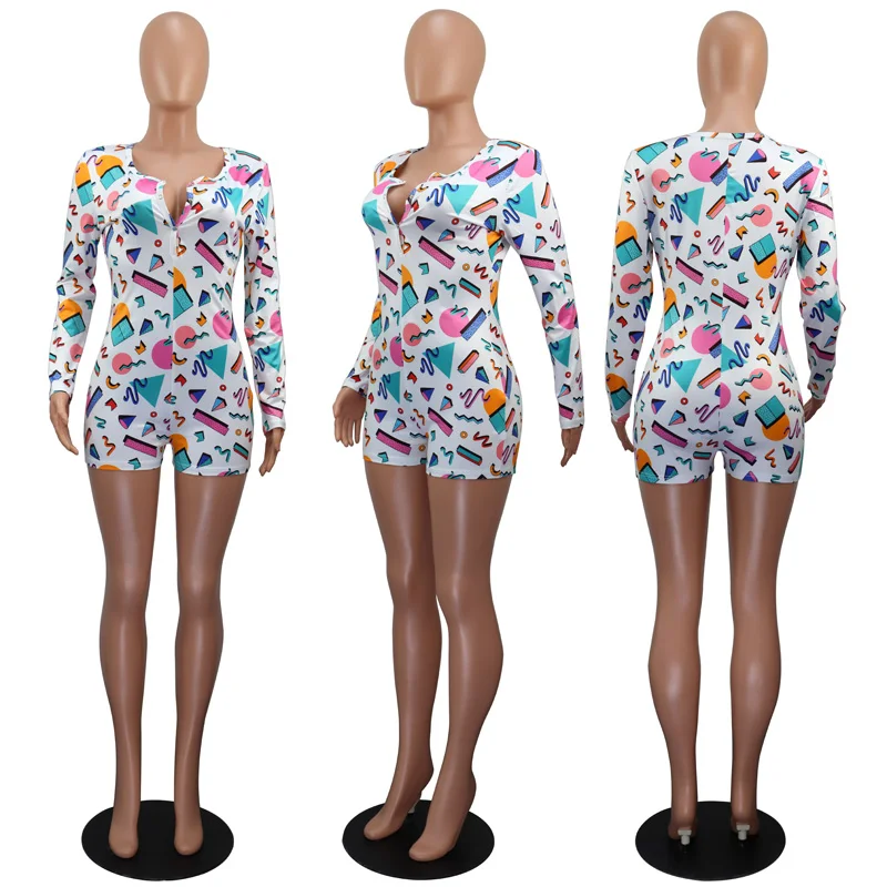 

2020 Casual playsuits long sleeve jumpsuit plus size bodysuit sexy sleepwear Pajama Black Printed Body Romper overalls for women