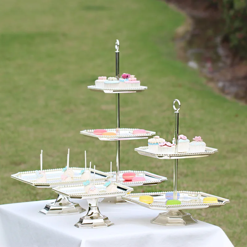 Подставка для квадратного торта из серебристого железного металла высокого качества для свадебного стола, декорирования дома, десертный поднос для украшения дома.