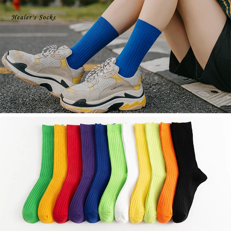 

Носки женские хлопковые, полосатые, однотонные, в стиле Харадзюку