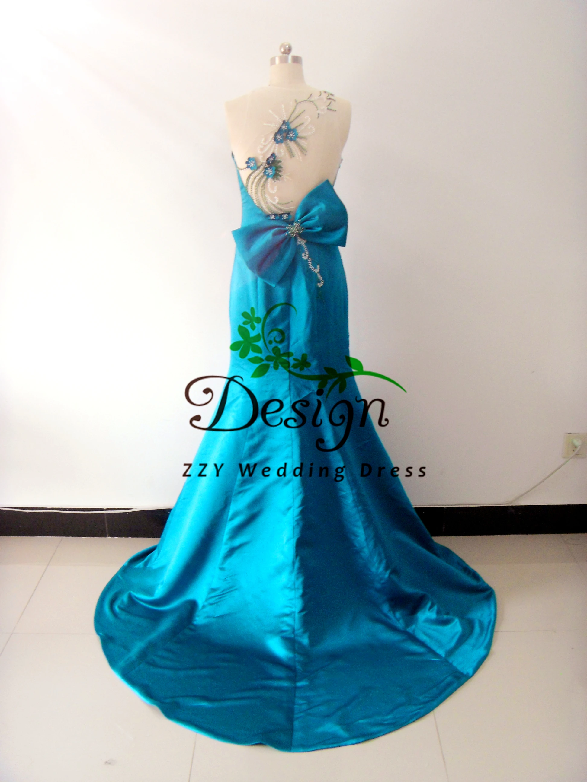 

One-Shoulder Blue Satin Evening Prom Dress Beading Appliques Mermaid Elegant Party Dresses Sleeveless Long Gown Evening Dresses