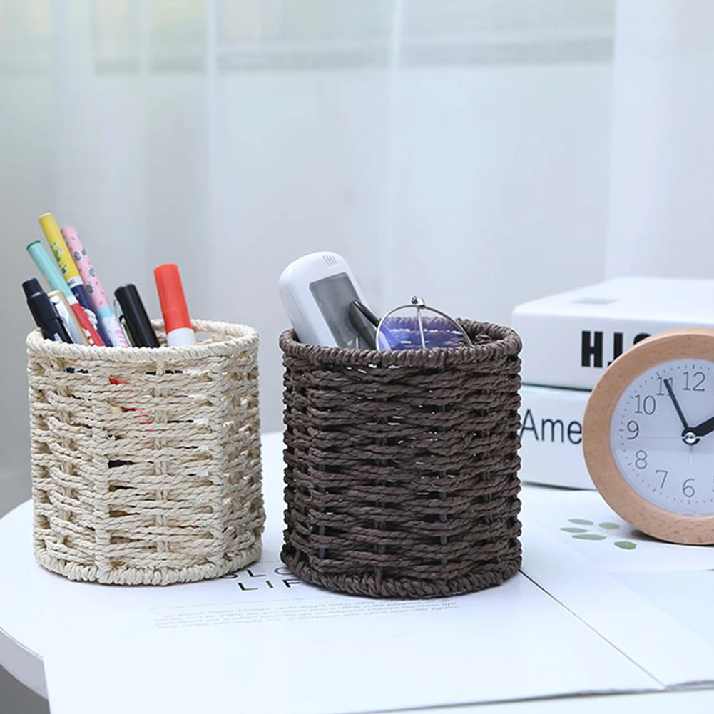 

Pen Holder Student Stationery Desktop Hand-Woven Desk Multifunction Storage Box Pe Pen Container Brush Pot Office Supplies