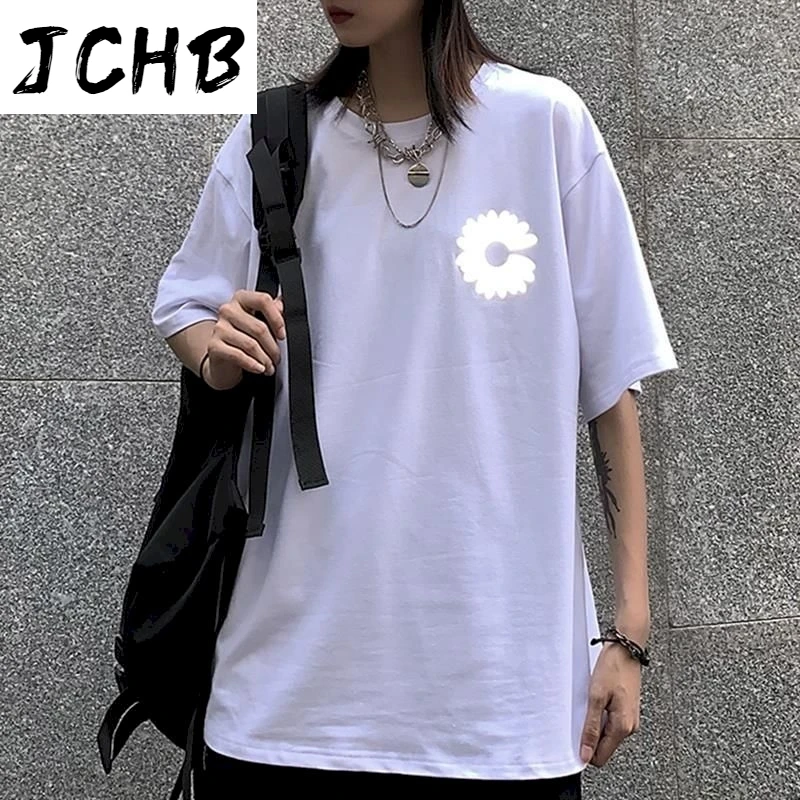

2021 Ins Dark Hip Hop Reflective Tshirts Daisy Print t Shirt Short Sleeve Plus Size Clothing Cotton Blouse Women O-neck Graphic
