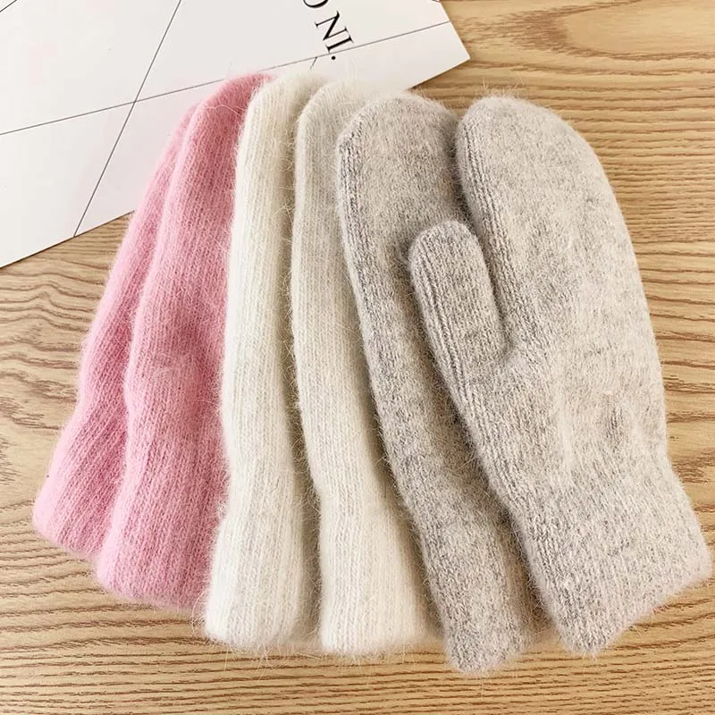 

Двухслойные перчатки из кроличьего меха, женские зимние однотонные зимние перчатки с пальцами, вязаные плюшевые зимние варежки, холодные