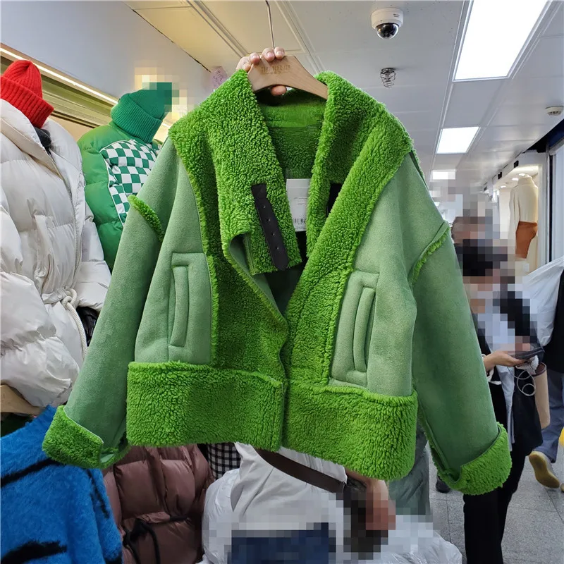 

Vintage Green Imitation Lamb Fur Coat 2021 Winter Women Casual Motorcycle Jacket Female Streetwear Fashion Ropa Invierno Mujer