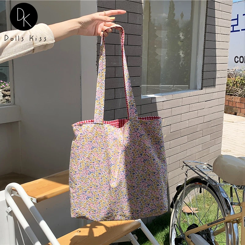 

Women Canvas Eco Bag Girls Fresh Floral Plaid Double-Sided Usable Shoulder Totes Ladies Large Capacity Grocery Bag Travel Totes