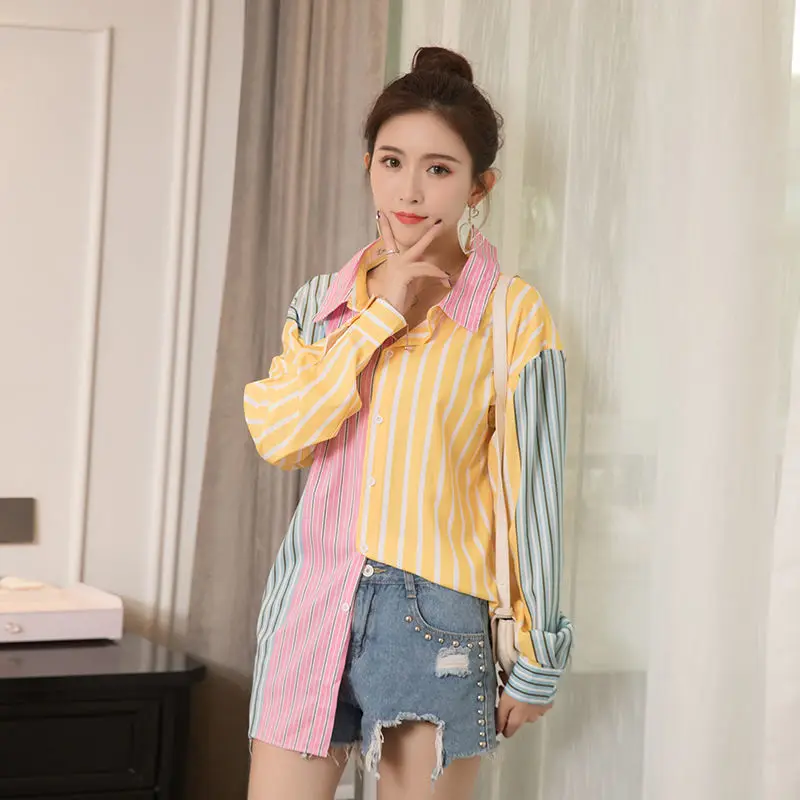 

Women 2021 Spring Autumn Korean New Fashion Long Sleeve Stitching Contrast Color Loose Off-shoulder Striped T-shirts Top Y692