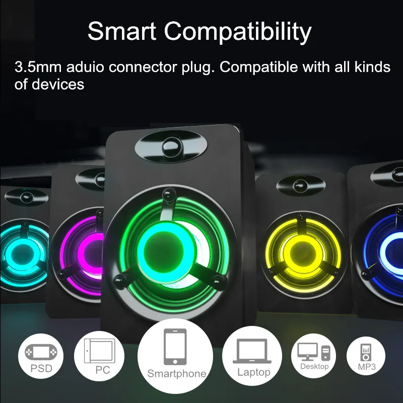 Mini Desktop Computer Speaker Colorful LED Light Heavy Bass Subwoofer Home Audio Oратор for PC / Laptop MP3 Smartphones | Электроника