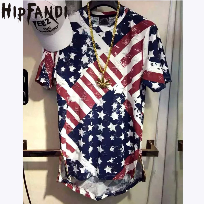 

HIPFANDI 2020 Hip Hop unisex Men USA Flag reto Manmade destroyed Ripped Oversized T shirt Extended Tee golden Zipper side up