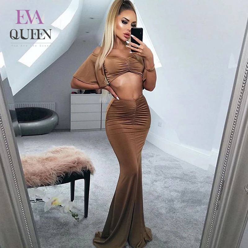 Женское длинное платье с открытыми плечами EvaQueen вечернее макси разрезом осень